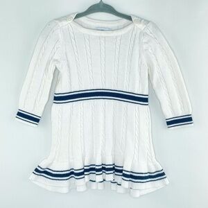 Baby Gap Ivory Frost Navy Cable Knit Long Sleeve Dress Ruffle Hem Sz 6-12 Mo